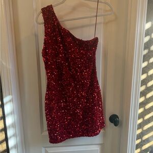 Elegant Red Sequin One Shoulder Dress